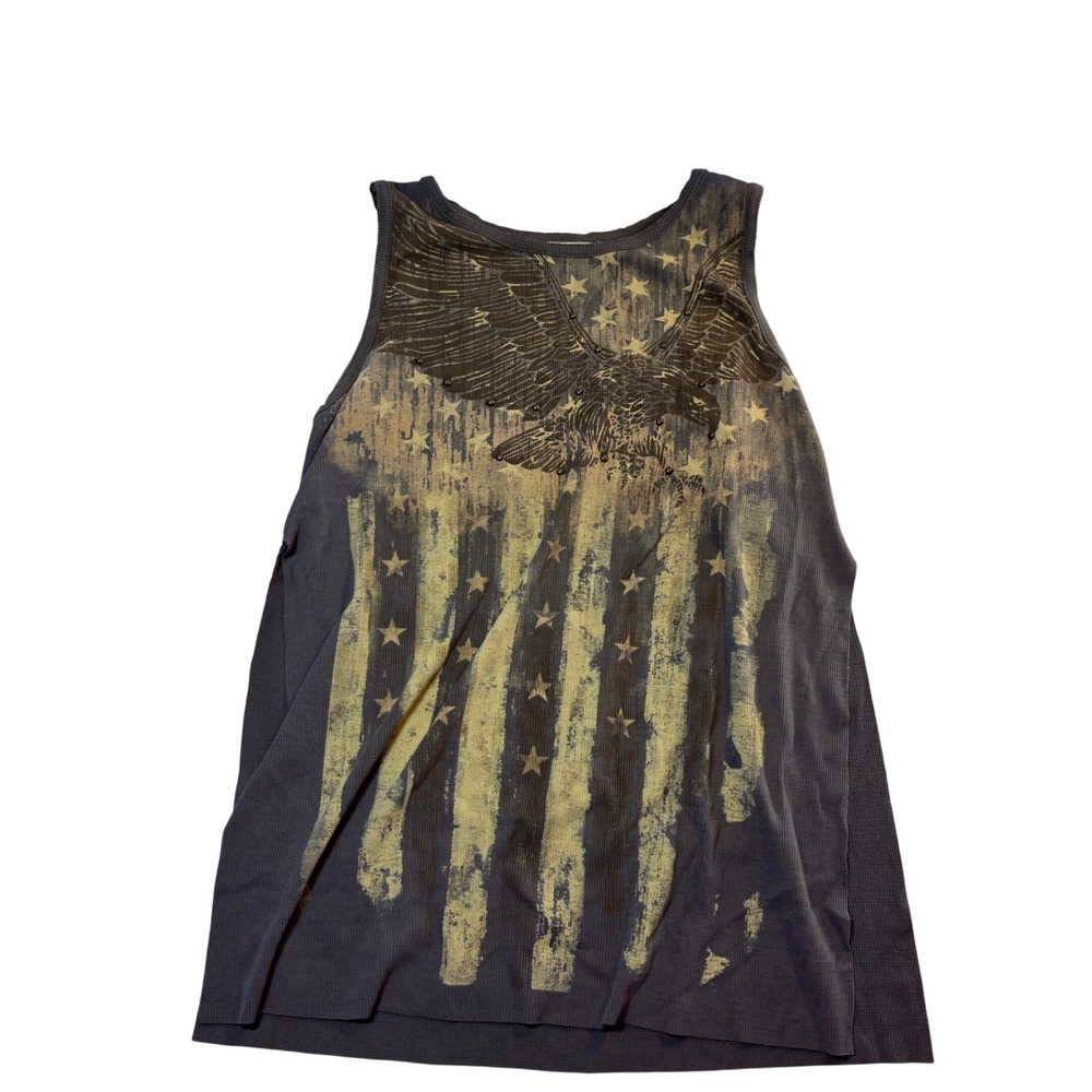 The Clas-sic  Olive Green Distressed Eagle American Flag Studded Tank‎ Top L